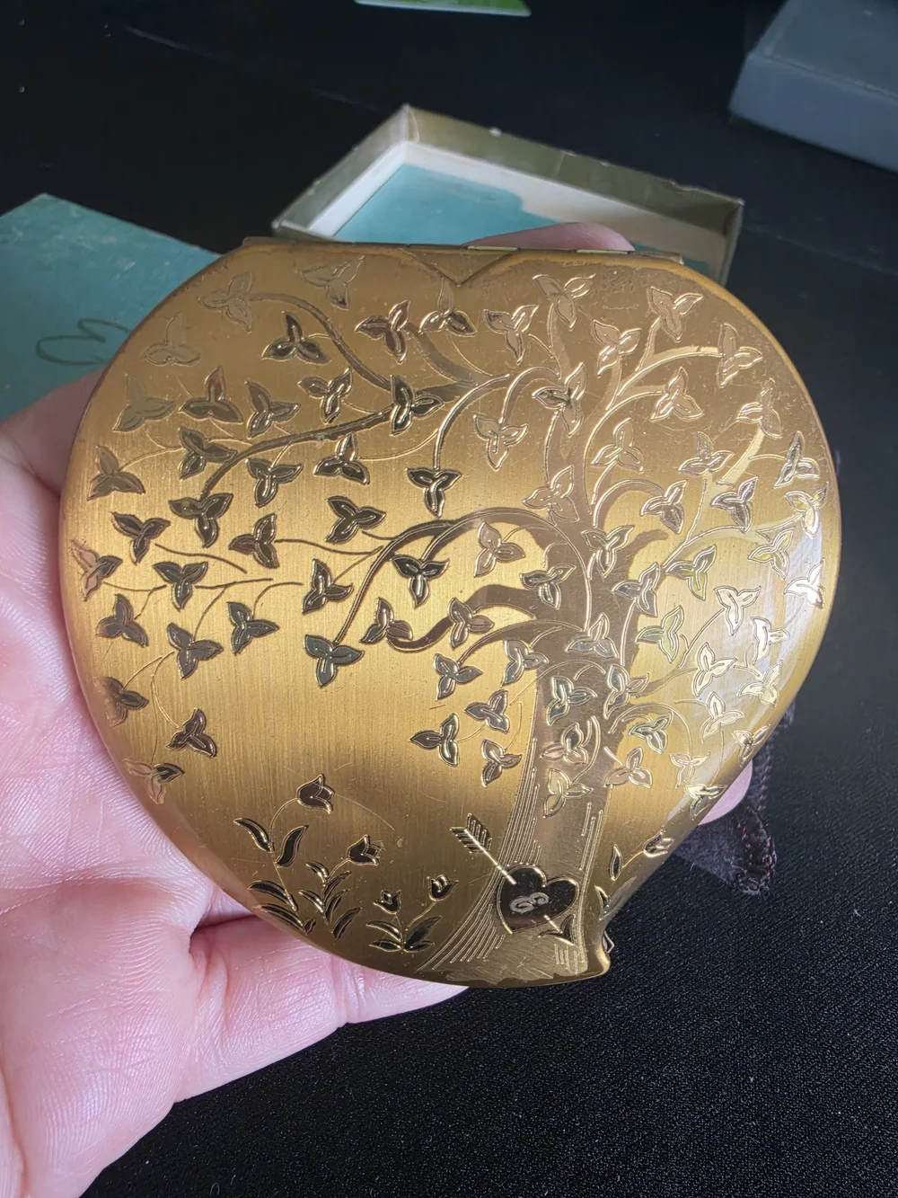 Vintage Elgin American Powder Compact Palette Shape Etched Tree With Box 